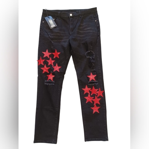 OlllO NWT Distressed Black Skinny Red Star Jeans Size 36 - Picture 4 of 8